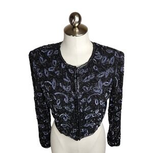 Vintage Laurence Kazar Black Silver Beaded Sequin Evening Jacket Petite Medium